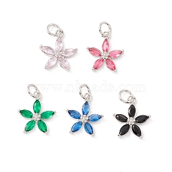 Brass Micro Pave Cubic Zirconia Pendants, with Jump Rings, Cadmium Free & Lead Free, Long-Lasting Plated, Platinum, Flower, Mixed Color, 15x12.5x3mm, Hole: 3mm(ZIRC-P098-03P)