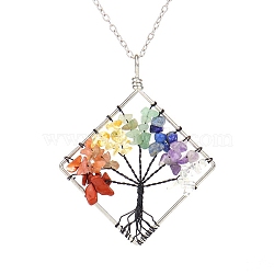 Natural Mixed Stone Chips Beaded Tree of Life Pendant Necklaces, with Platinum Brass Chains, 20.47 inch(52cm)(PW-WG77098-01)