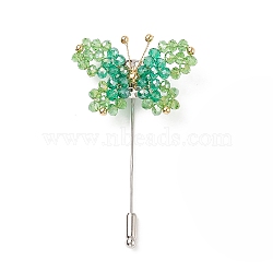 Glass Braided Bead Butterfly Lapel Pin, Brass Safety Pin Brooch for Suit Tuxedo Corsage Accessories, Light Green, 71mm(JEWB-TA00005)