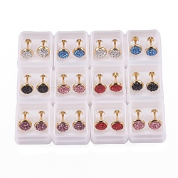 304 Stainless Steel Earlobe Plugs, Screw Back Earrings, with Polymer Clay Rhinestone, Flat Round, Golden, Mixed Color, 11.5mm, Pin: 1mm(EJEW-H105-09)