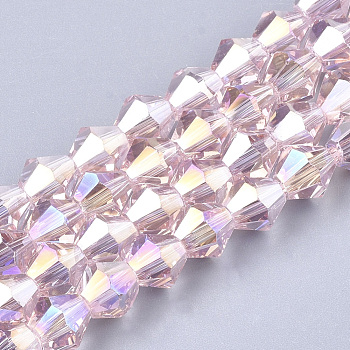 Electroplate Glass Beads Strands, AB Color Plated, Faceted, Bicone, Pearl Pink, 6x5.5~6mm, Hole: 1mm, about 47~48pcs/strand, 10.83 inch(27.5cm)