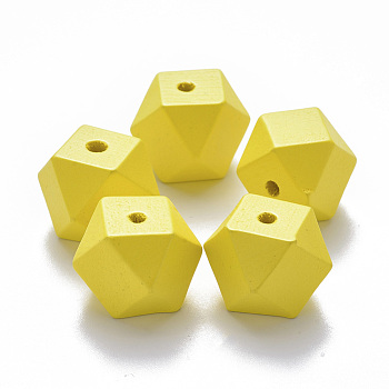 Painted Natural Wood Beads, Polygon, Yellow, 15.5x16x16mm, Hole: 3.5mm