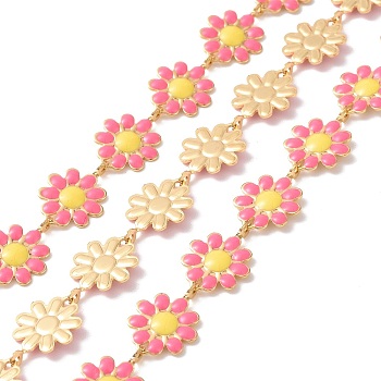 304 Stainless Steel Daisy Flower Link Chains with Enamel, Unwelded, Golden, Hot Pink, 14x10x1mm