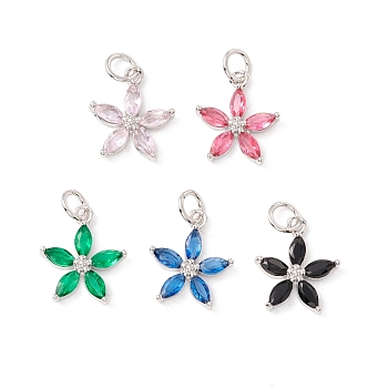 Brass Micro Pave Cubic Zirconia Pendants, with Jump Rings, Cadmium Free & Lead Free, Long-Lasting Plated, Platinum, Flower, Mixed Color, 15x12.5x3mm, Hole: 3mm