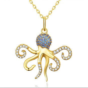 SHEGRACE Octopus 925 Sterling Silver Pendant Necklaces, with Grade AAA Cubic Zirconia, Real 14K Gold Plated, 15.75inch(40cm)