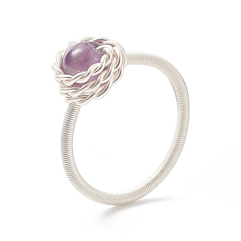Natural Amethyst Round Finger Ring, Silver Copper Wire Wrapped Jewelry for Women, US Size 8 1/2(18.5mm)