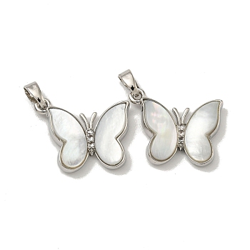 Rack Plating Brass Pave Natural White Shell Pendants, Butterfly Charms, Platinum, 16x19.5x4.5mm, Hole: 5X2.5mm