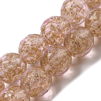 Handmade Gold Sand Lampwork Beads Strands, Faceted, Round, Pink, 11.5~12x12~12.5mm, Hole: 1.5~1.8mm, about 40pcs/strand, 18.90 inch(48cm)