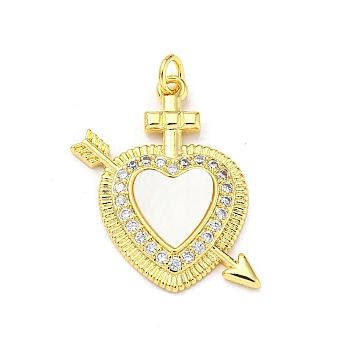 Brass Pendant, with Cubic Zirconia and Freshwater Shell, Heart, Real 16K Gold Plated, 27x21.5x3mm