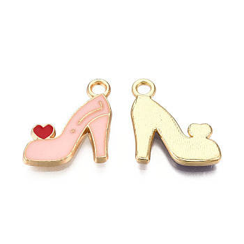 Alloy Pendants, with Enamel, Light Gold, High-Heeled Shoes, Pink, 16x14x2mm, Hole: 2mm