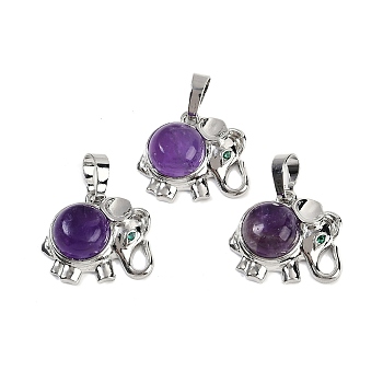 Natural Amethyst Pendants, Rack Plating Brass Rhinestone Elephant Charms, Platinum, Cadmium Free & Lead Free, 17.5x20.5x8mm, Hole: 5x8mm