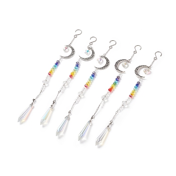 Alloy Moon Pendant Decorations, 7 Chakra AB Color Plated Glass Beaded Hanging Ornament, with Glass Cone & Star/Ice Flower/Heart Charm, Antique Silver, 280mm, 1pc/style, 5pcs/set