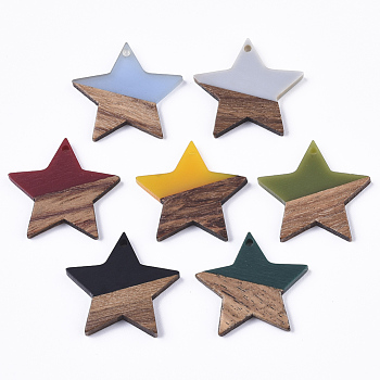 Resin & Walnut Wood Pendants, Waxed, Star, Mixed Color, 26x28x4mm, Hole: 1.6mm