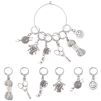 Sewing Theme Alloy Multifunction Pendant Decorations, with 304 Stainless Steel Leverback Clasps, Measuring Tape/Sweater/Scissors/Button, Antique Silver & Stainless Steel Color, 31~46mm, 6 style, 1pc/style, 6pcs/set