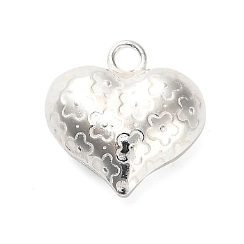 925 Sterling Silver 3D Textured Heart Charms, Silver Color, Flower, 12x12x5.5mm, Hole: 1.8mm