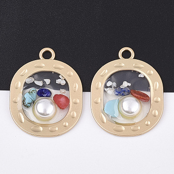 Epoxy Resin Pendants, with ABS Plastic Imitation Pearl and Natural & Synthetic Gemstone Chip, Alloy Findings, Oval, Matte Gold Color, Clear, 35.5x27x5.5mm, Hole: 3mm