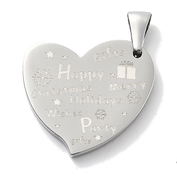 Christmas 304 Stainless Steel Pendants, Heart with Gift Box & Word Charm, Stainless Steel Color, 27x30x3mm, Hole: 8x3mm