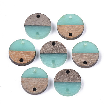 Resin & Walnut Wood Links connectors, Flat Round, Medium Turquoise, 15~15.5x3~4mm, Hole: 1.8mm