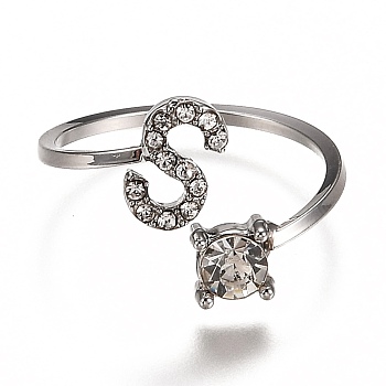 Alloy Cuff Rings, Open Rings, with Crystal Rhinestone, Platinum, Letter.S, US Size 7 1/4(17.5mm)