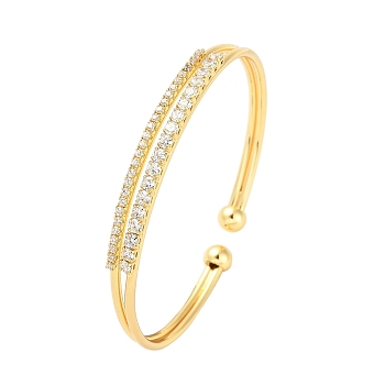 Brass Micro Pave Clear Cubic Zirconia 2-Line Open Cuff Bangles for Women, Real 18K Gold Plated, 1/4 inch(0.5~0.6cm), Inner Diameter: 2-1/8 inch(5.5cm)