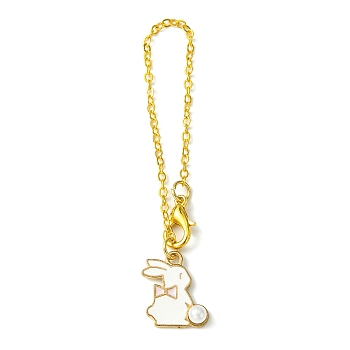 Alloy Enamel Rabbit Cup Pendant Decorations, with Brass Flat Oval Cable Chains, Pink, 130mm
