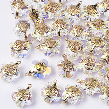 Electroplate Glass Pendants, with Light Gold Plated Brass Ice Pick Pinch Bails, Flower with Tree of Life, Clear AB, 16~17x14x9mm, Hole: 1.2mm