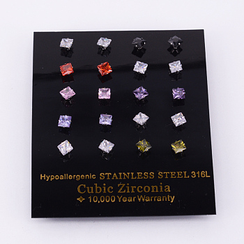 Square 304 Stainless Steel  Cubic Zirconia Stud Earrings, Stainless Steel Color, 4x4mm, Pin: 0.8mm, 10pairs/card
