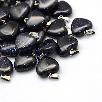 Heart Synthetic Blue Goldstone Pendants, with Platinum Tone Brass Findings, 17~19x15~16x5~8mm, Hole: 2x7mm