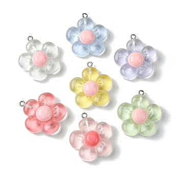 Translucent Resin Pendants, Flower Charms with Platinum Plated Iron Loops, Mixed Color, 31x27.5x7.5mm, Hole: 2mm