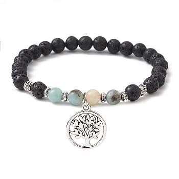 Natural Lava Rock & Natural Flower Amazonite Gemstone Round Beaded Stretch Bracelet, with Alloy Tree of Life Charms, Inner Diameter: 2-1/2 inch(6.5cm)