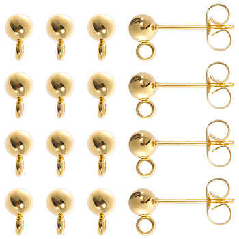 40Pcs 304 Stainless Steel Ball Post Stud Earring Findings, with Vertical Loops & 316 Surgical Stainless Steel Pin & 40Pcs Ear Nuts, Golden, 15x7x4mm, Hole: 1.8mm, Pin: 0.7mm