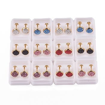 304 Stainless Steel Earlobe Plugs, Screw Back Earrings, with Polymer Clay Rhinestone, Flat Round, Golden, Mixed Color, 11.5mm, Pin: 1mm