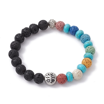 Natural Lava Rock & Synthetic Turquoise Beaded Stretch Bracelets, Round Hollow Ball & Tree of Life Bracelet for Women, Inner Diameter: 2-1/8 inch(5.5cm)