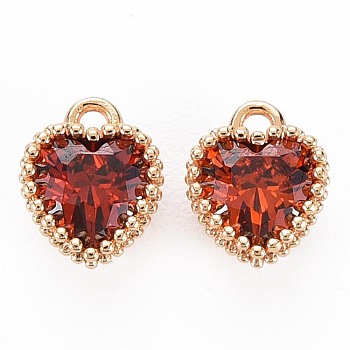 Brass Micro Pave Cubic Zirconia Charms, Nickel Free, Real 18K Gold Plated, Faceted Heart, Orange Red, 8x6x3.5mm, Hole: 1mm