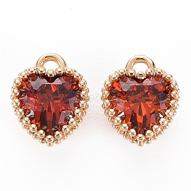 Real 18K Gold Plated Orange Red Heart Brass+Cubic Zirconia Charms