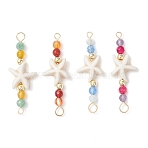 4Pcs 4 Colors Summer Beach Dyed Synthetic Turquoise Connector Charms, with Natural Aquamarine & Dyed Agate & Carnelian & Green Aventurine & Amethyst Faceted Round Beads and 304 Stainless Steel Double Loops, Golden, Starfish, 41~42x14x5.5mm, Hole: 2mm and 3.5mm, 1pc/color(PALLOY-JF03746-01)