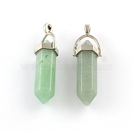 Green Aventurine Stone Pendants with Alloy Findings, Platinum, 40~42x13.5x10mm, Hole: 2mm(X-G-R278-28P)
