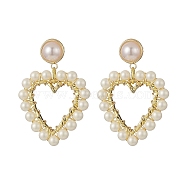 Wrapped Shell Pearl Beaded Dangle Stud Earrings, Heart Brass ABS Plastic Imitation Pearl Earring for Women, Golden, 43mm, Pin: 0.9mm(EJEW-TA00206)