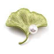 Leaf Alloy Brooch with Resin Pearl, Exquisite Lapel Pin for Girl Women, Golden, Yellow Green, 39x40.5x11.5mm, Pin: 0.8mm(JEWB-O009-05)