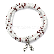 Glass Seed Beaded Multi Loops Warp Bracelets, with Tibetan Style Alloy Charms, White, Inner Diameter: 2 inch(5.2cm)(BJEW-TA00339-01)