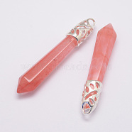 Watermelon Stone Glass Big Pointed Pendants, with Alloy Findings, Bullet, Platinum, 57~63x13x10mm, Hole: 3x4mm(G-D860-C24-P)