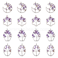 8Pcs 4 Styles Flower & Moon & Oval & Hexagon Natural Amethyst Copper Wire Wrapped Chip Big Pendants, Tree of Life Charm, with Platinum Tone Iron Findings, 57~59x36~51x8mm, Hole: 6.2mm, 2pcs/style(G-DC0001-26)