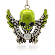 Antique Silver Plated Alloy Enamel Big Pendants, Skull with Wing, Yellow Green, 66x62x9mm, Hole: 4.5mm(ENAM-J244-01AS)