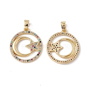 Brass Micro Pave Cubic Zirconia Pendant, with Glass, Real 18K Gold Plated, Flat Round with Moon Star Charm, Colorful, 23x20.5x2.5mm, Hole: 4.5x3mm(KK-E068-VC066)