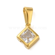 304 Stainless Steel Micro Pave Clear Cubic Zirconia Pendants, Square, Golden, 12.5x10.5x4.5mm, Hole: 8x3.2mm(STAS-R229-23G)