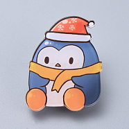 Acrylic Safety Brooches, with Iron Pin, For Christmas, Christmas Penguin, Marine Blue, 39x31x8mm, Pin:0.8mm(X-JEWB-D008-A12)