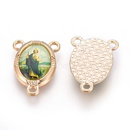Alloy Chandelier Component Links, 3 Loop Connectors, For Easter, with Glass, Oval with Jesus, Colorful, Golden, 20x14.5x3mm, Hole: 1.8mm(PALLOY-E457-01G)
