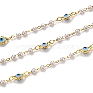 3.28 Feet Handmade Brass Chains, with Acrylic Imitation Pearl, Lampwork, Long-Lasting Plated, Soldered, Evil Eye, Golden, White, Link: 2.6x1.8x0.3mm(X-CHC-L039-44E-G)