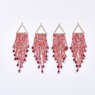Tassel Big Pendants, with Glass Beads, Crystal Rhinestone and Golden Plated Brass Findings, FireBrick, 95~107x23.5mm, Hole: 1.2mm(FIND-S319-21B)