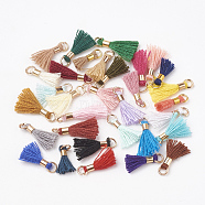 Polycotton(Polyester Cotton) Tassel Pendant Decorations, for DIY Jewelry Making, Mini Tassel, with Brass Findings, Light Gold, Mixed Color, 10~15x3~4mm, Hole: 2mm(X-FIND-S275-G-M)